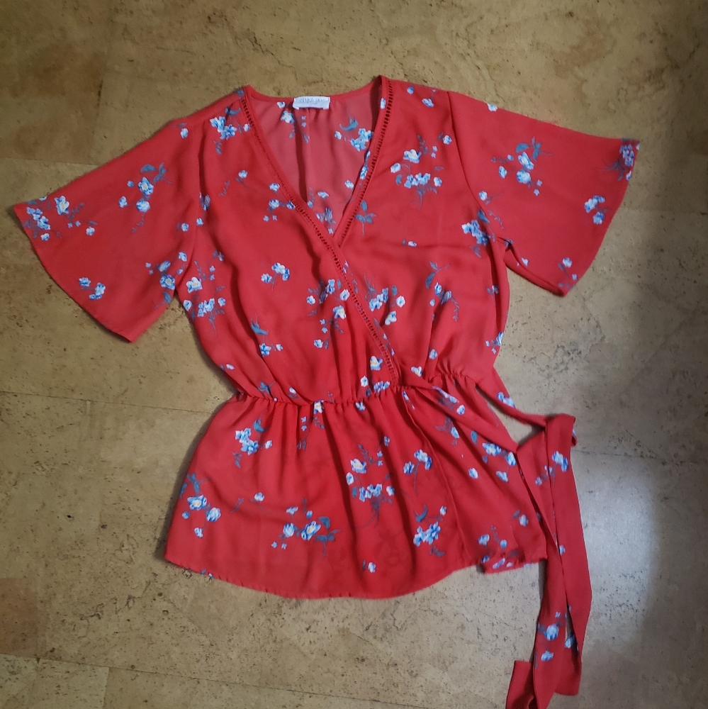 Sienna Sky Red Floral Blouse Tie Waist Women's S